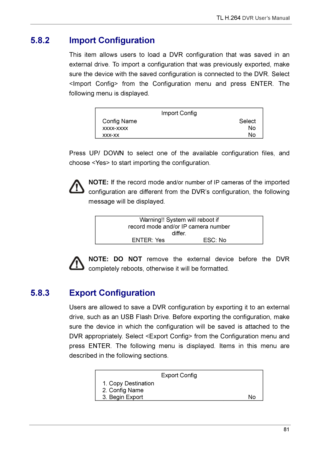 Speco Technologies 4TL specifications Import Configuration, Export Configuration 