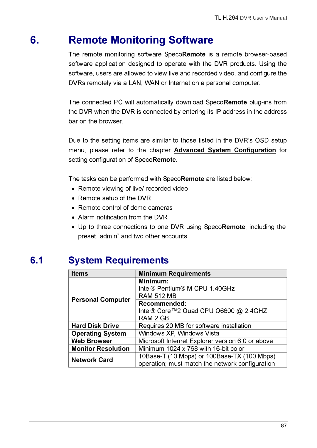 Speco Technologies 4TL specifications Remote Monitoring Software, System Requirements 