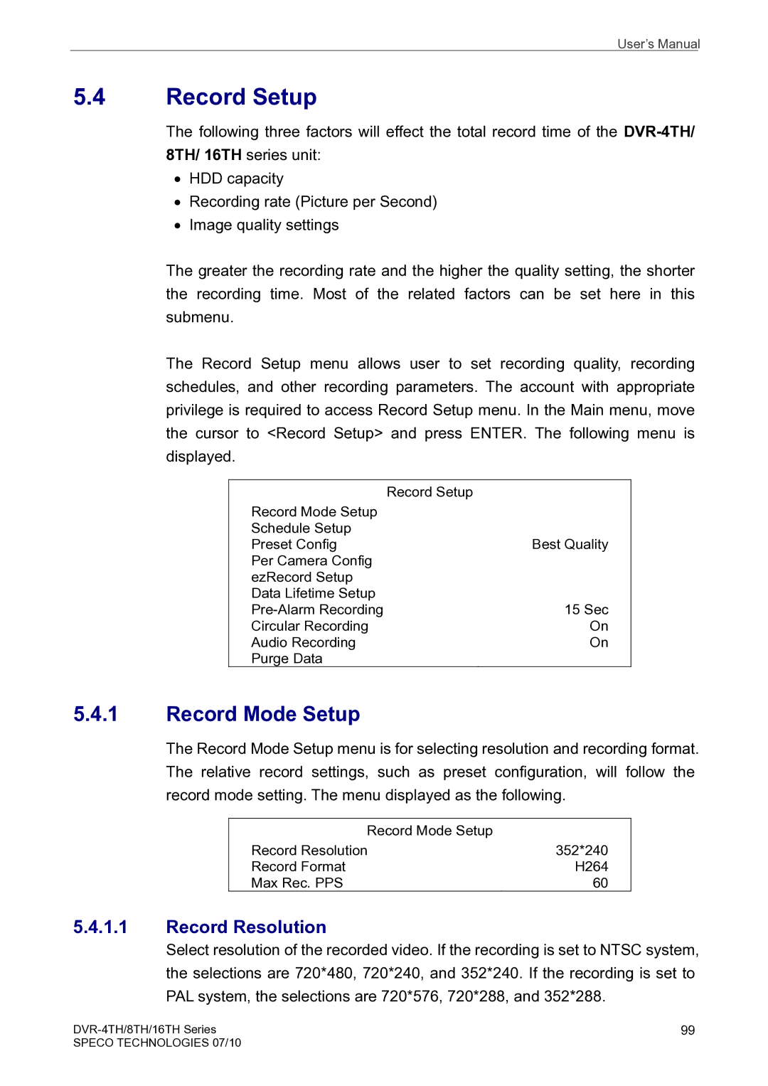 Speco Technologies 4TH, 8TH, 16TH user manual Record Setup, Record Resolution 