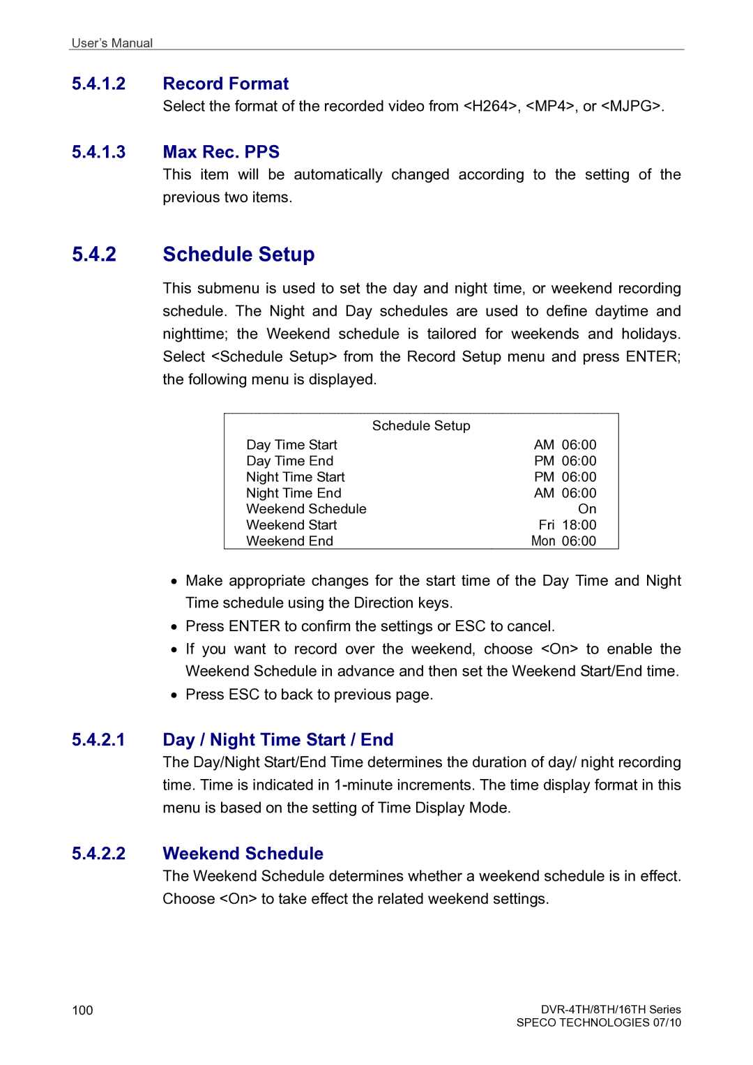 Speco Technologies 16TH, 8TH, 4TH user manual Record Format, Max Rec. PPS, Day / Night Time Start / End, Weekend Schedule 