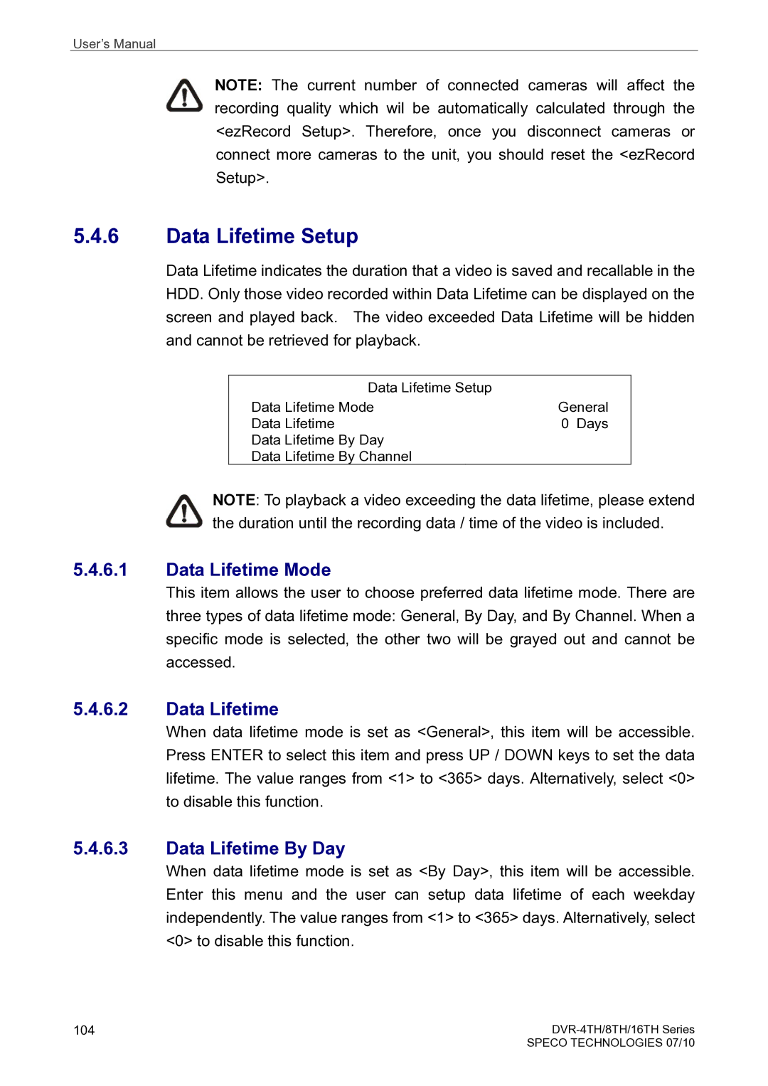 Speco Technologies 8TH, 4TH, 16TH user manual Data Lifetime Setup, Data Lifetime Mode, Data Lifetime By Day 