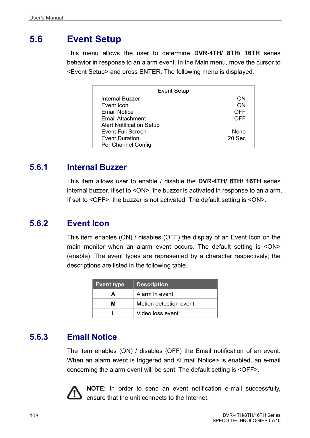 Speco Technologies 4TH, 8TH, 16TH user manual Event Setup, Internal Buzzer, Event Icon, Email Notice 