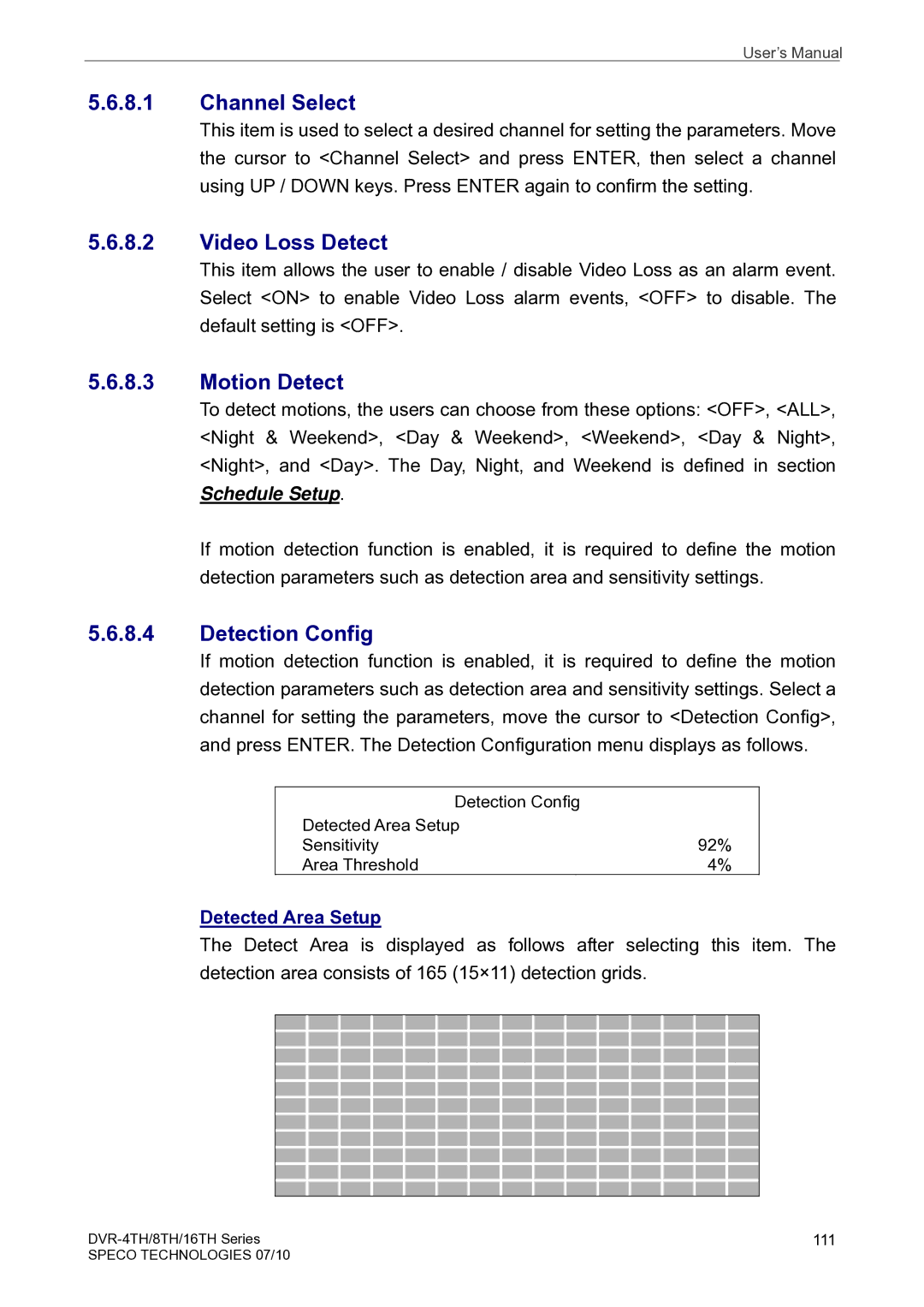 Speco Technologies 4TH, 8TH, 16TH Channel Select, Video Loss Detect, Motion Detect, Detection Config, Detected Area Setup 