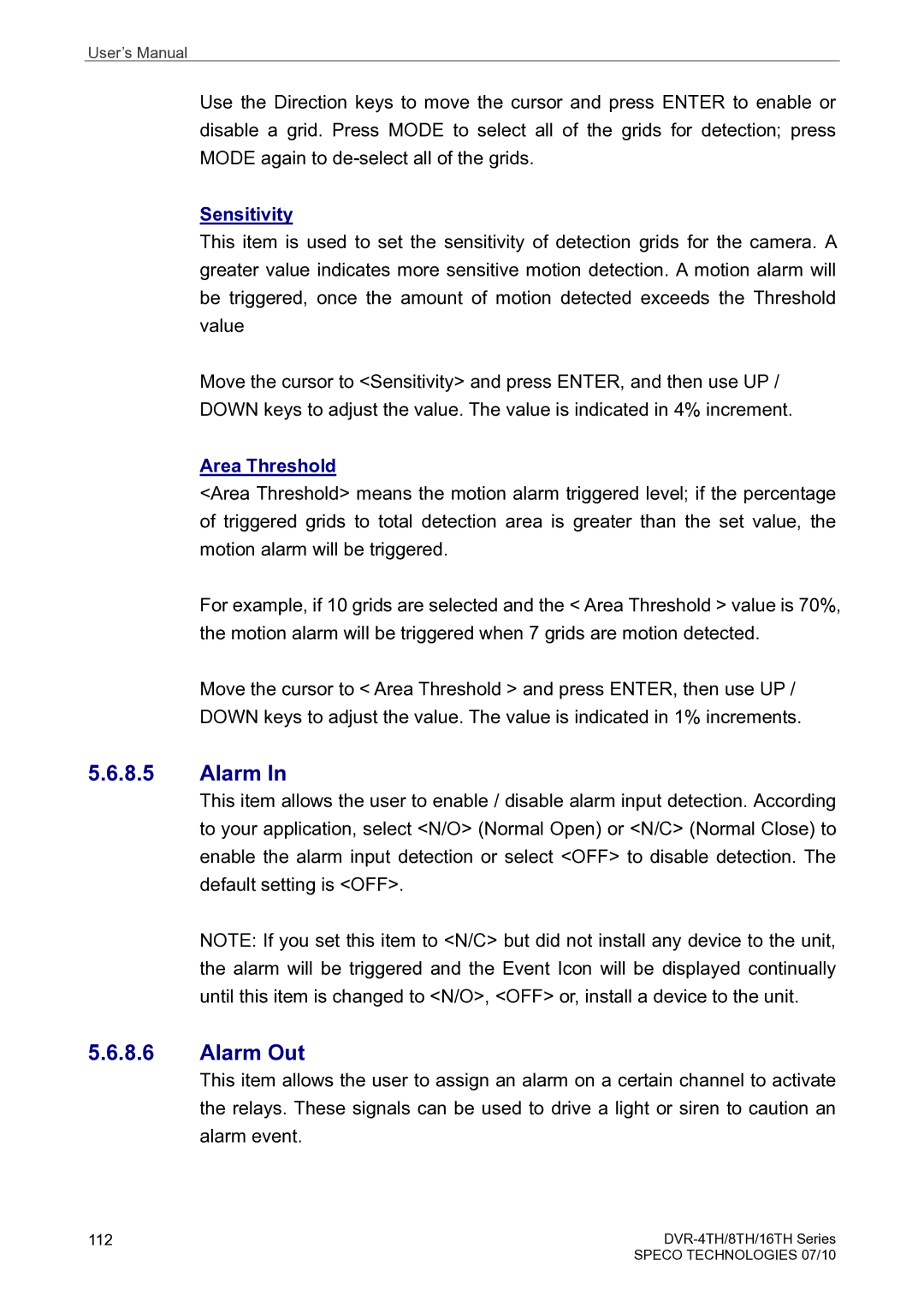 Speco Technologies 16TH, 8TH, 4TH user manual Alarm Out, Sensitivity, Area Threshold 