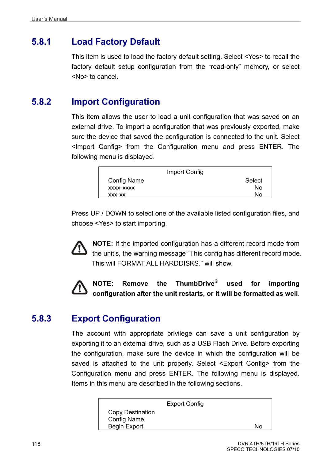 Speco Technologies 16TH, 8TH, 4TH user manual Load Factory Default, Import Configuration, Export Configuration 