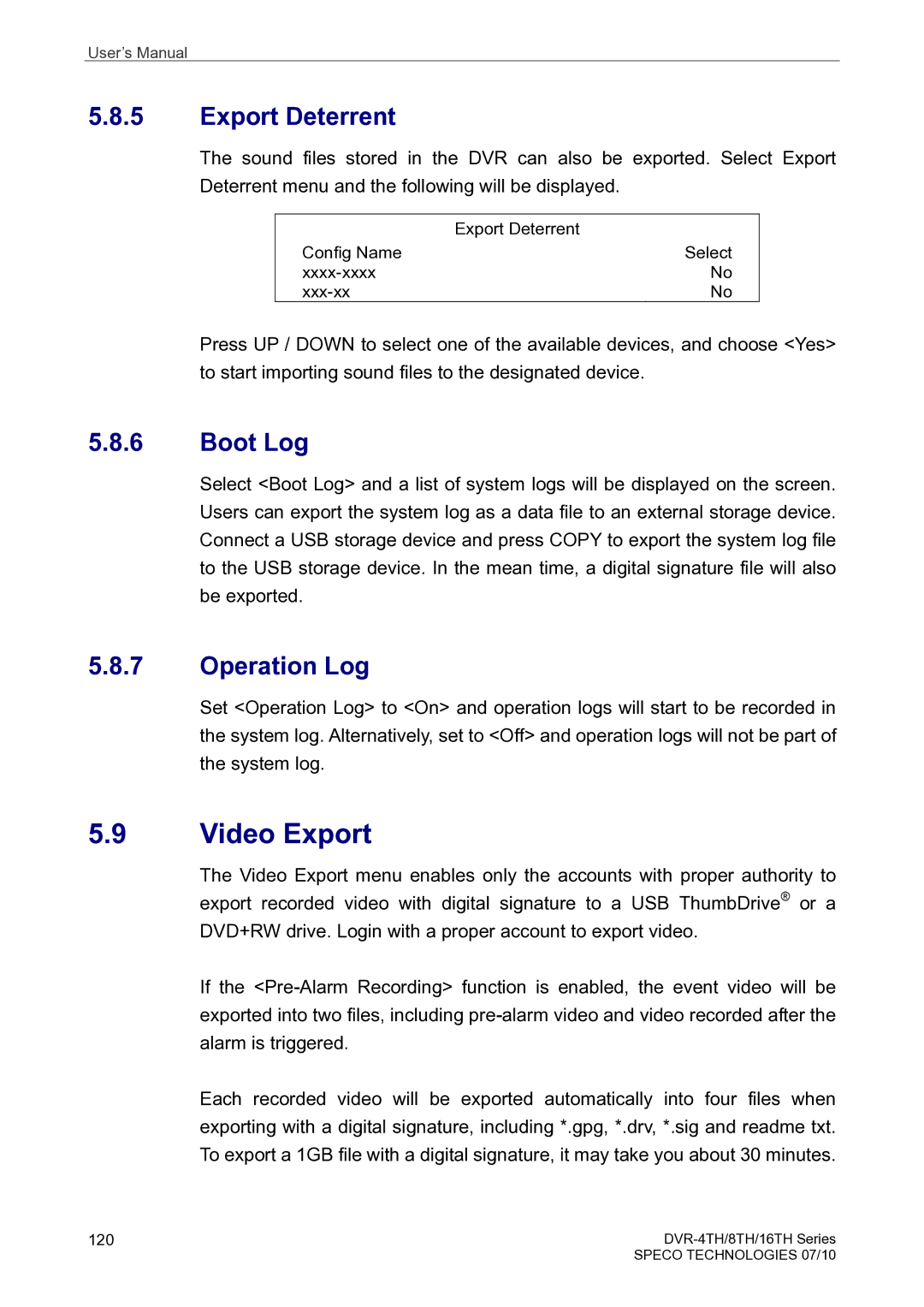 Speco Technologies 4TH, 8TH, 16TH user manual Export Deterrent, Boot Log, Operation Log 