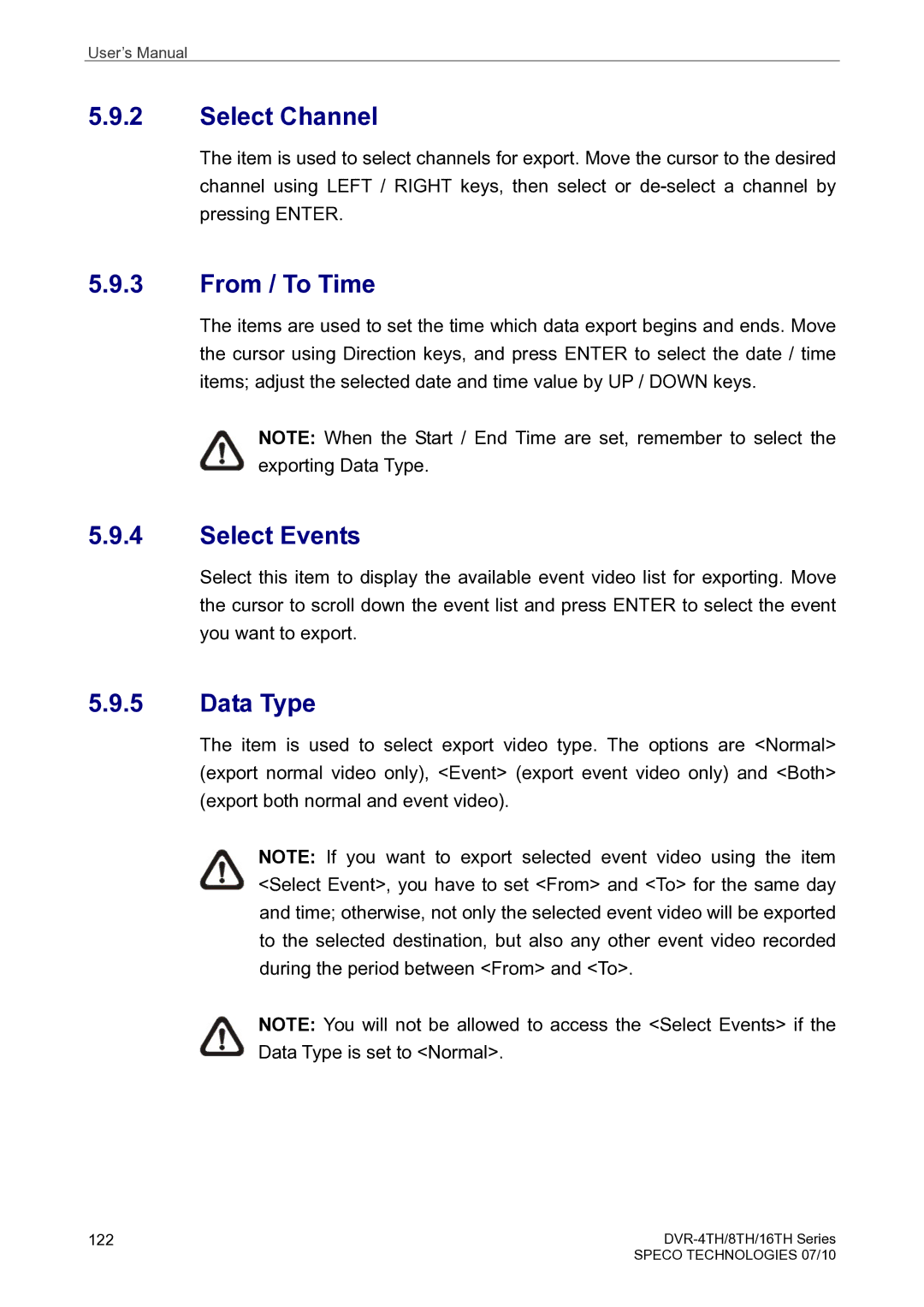 Speco Technologies 8TH, 4TH, 16TH user manual Select Channel, From / To Time, Select Events, Data Type 