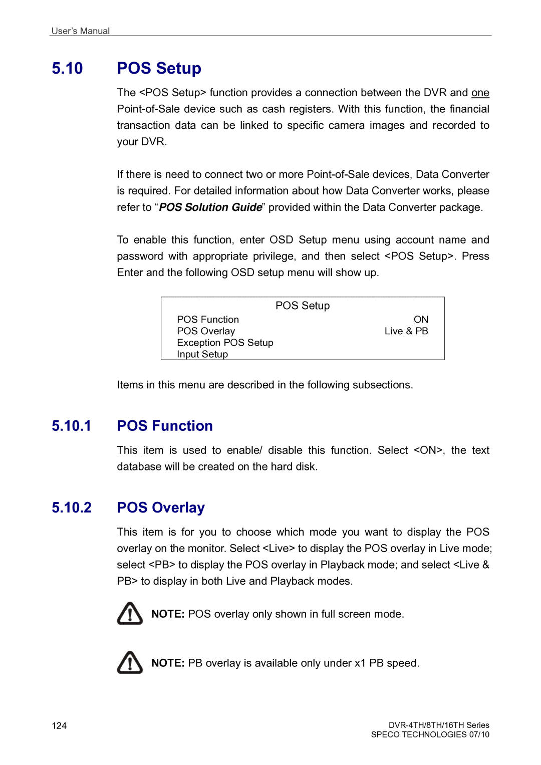 Speco Technologies 16TH, 8TH, 4TH user manual POS Setup, POS Function, POS Overlay 