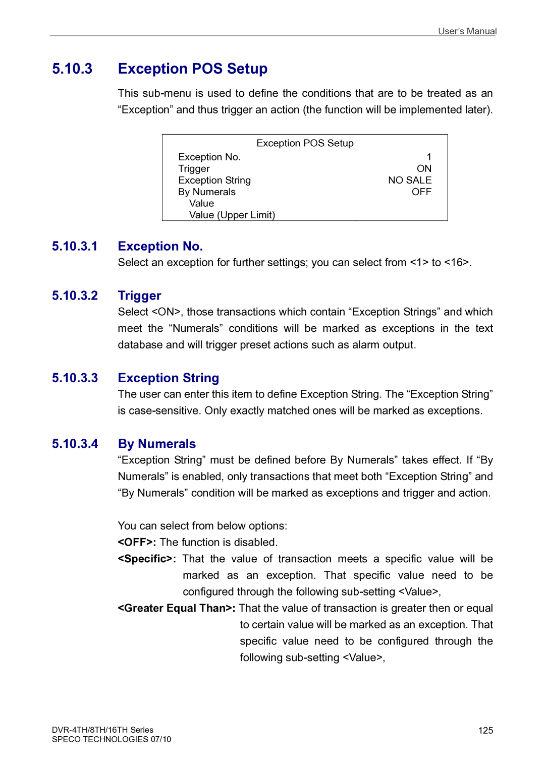 Speco Technologies 8TH, 4TH, 16TH user manual Exception POS Setup, Exception No, Trigger, Exception String, By Numerals 