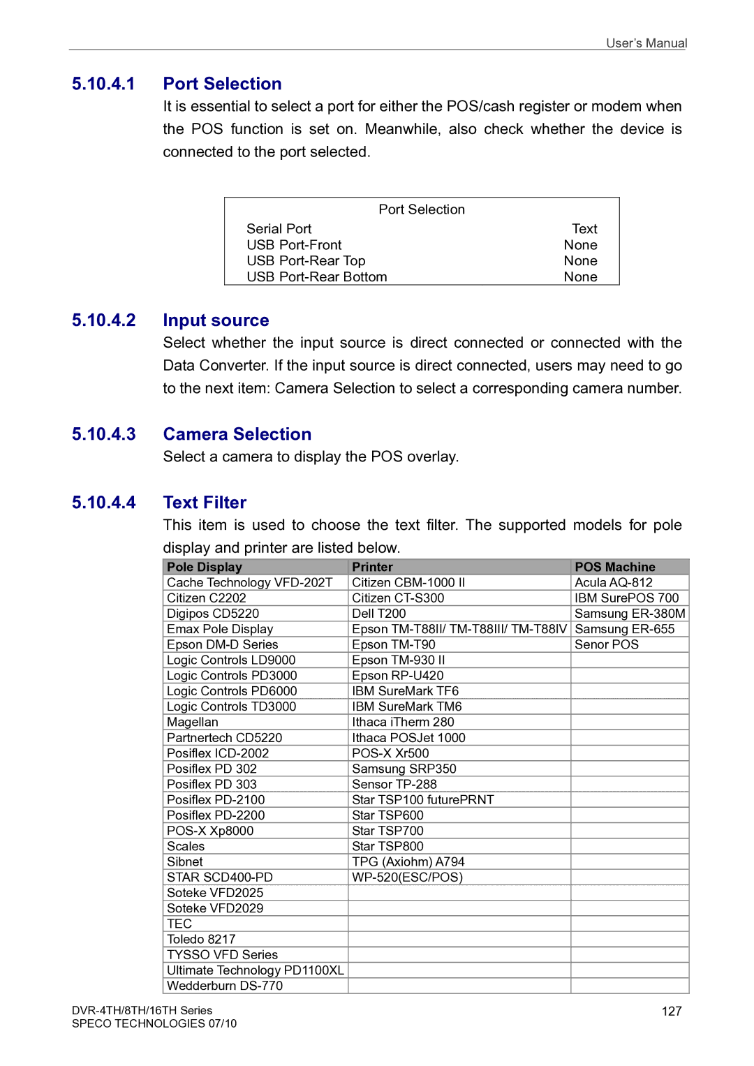 Speco Technologies 16TH, 8TH, 4TH user manual Port Selection, Input source, Camera Selection, Text Filter 