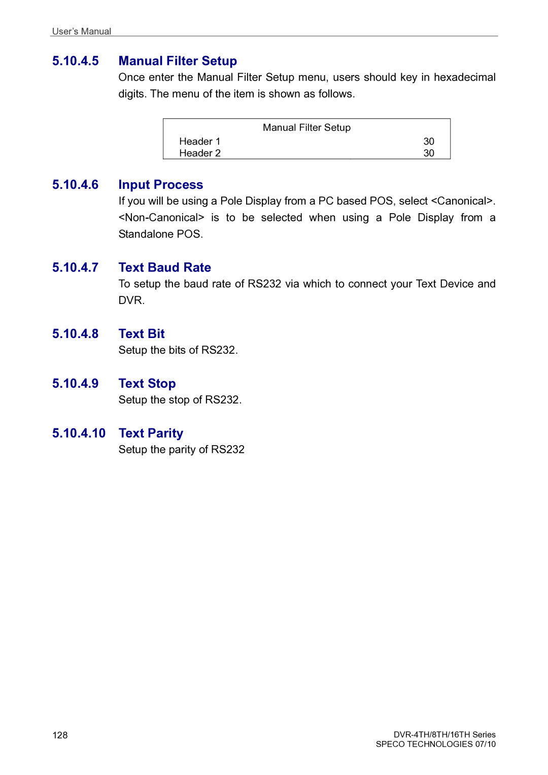 Speco Technologies 8TH, 4TH, 16TH Manual Filter Setup, Input Process, Text Baud Rate, Text Bit, Text Stop, Text Parity 