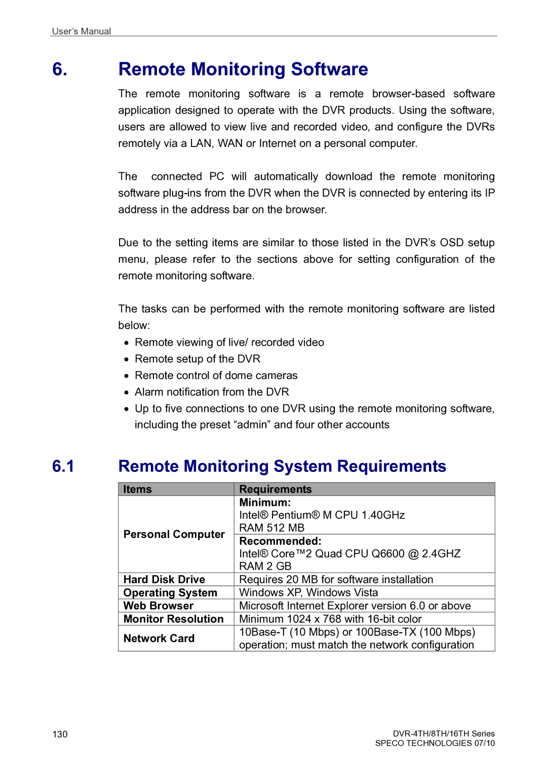 Speco Technologies 16TH, 8TH, 4TH user manual Remote Monitoring Software, Remote Monitoring System Requirements 