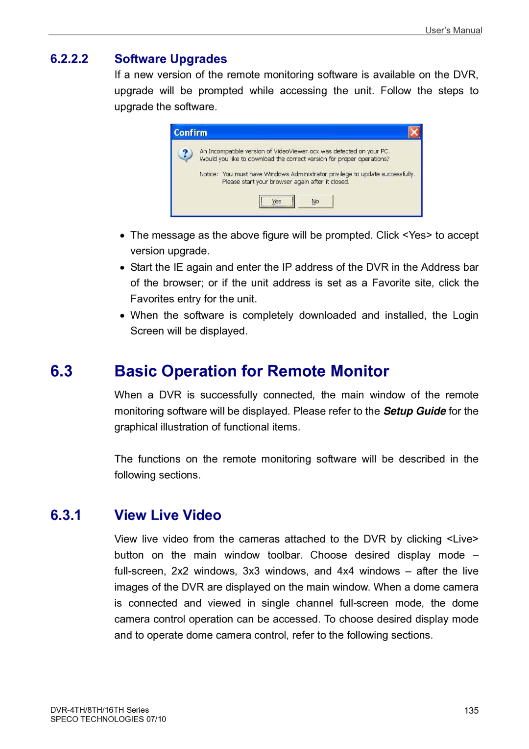 Speco Technologies 4TH, 8TH, 16TH user manual Basic Operation for Remote Monitor, View Live Video, Software Upgrades 