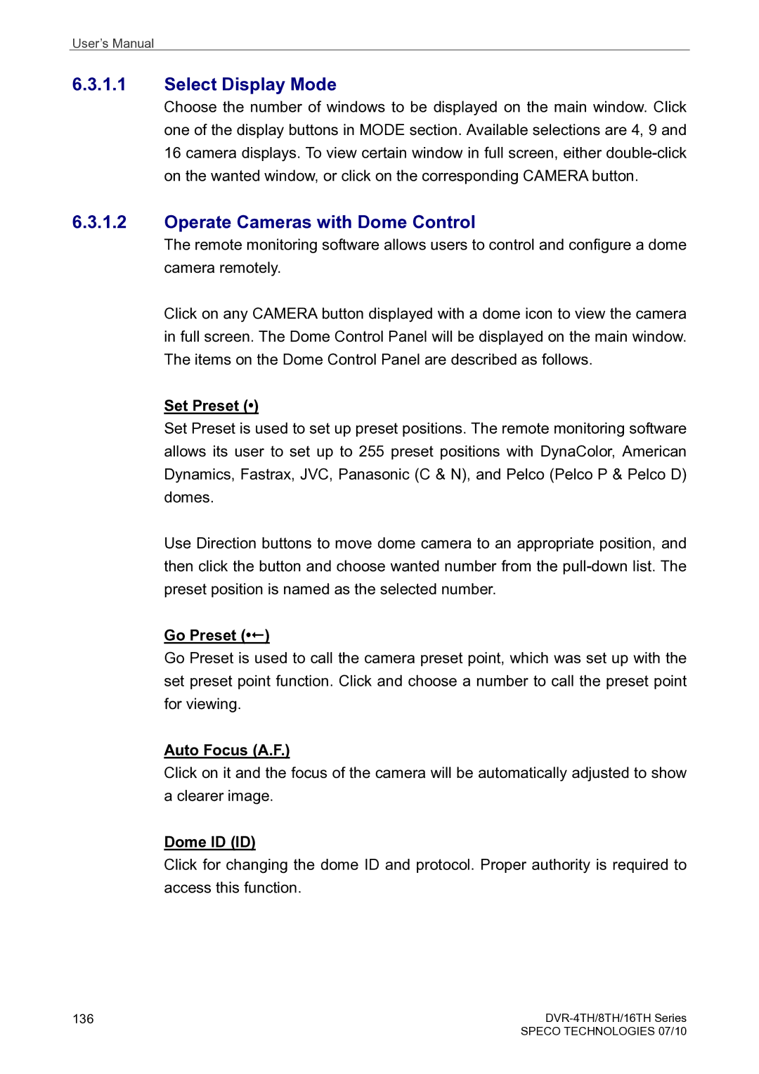 Speco Technologies 16TH, 8TH, 4TH user manual Select Display Mode, Operate Cameras with Dome Control 