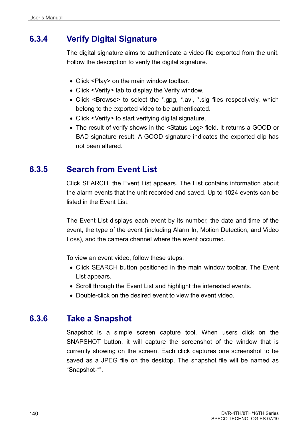 Speco Technologies 8TH, 4TH, 16TH user manual Verify Digital Signature, Search from Event List, Take a Snapshot 