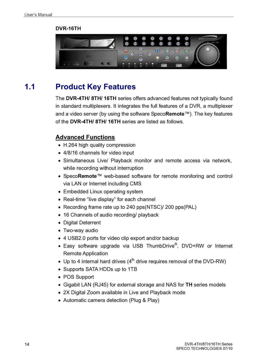 Speco Technologies 8TH, 4TH, 16TH user manual Product Key Features, Advanced Functions 