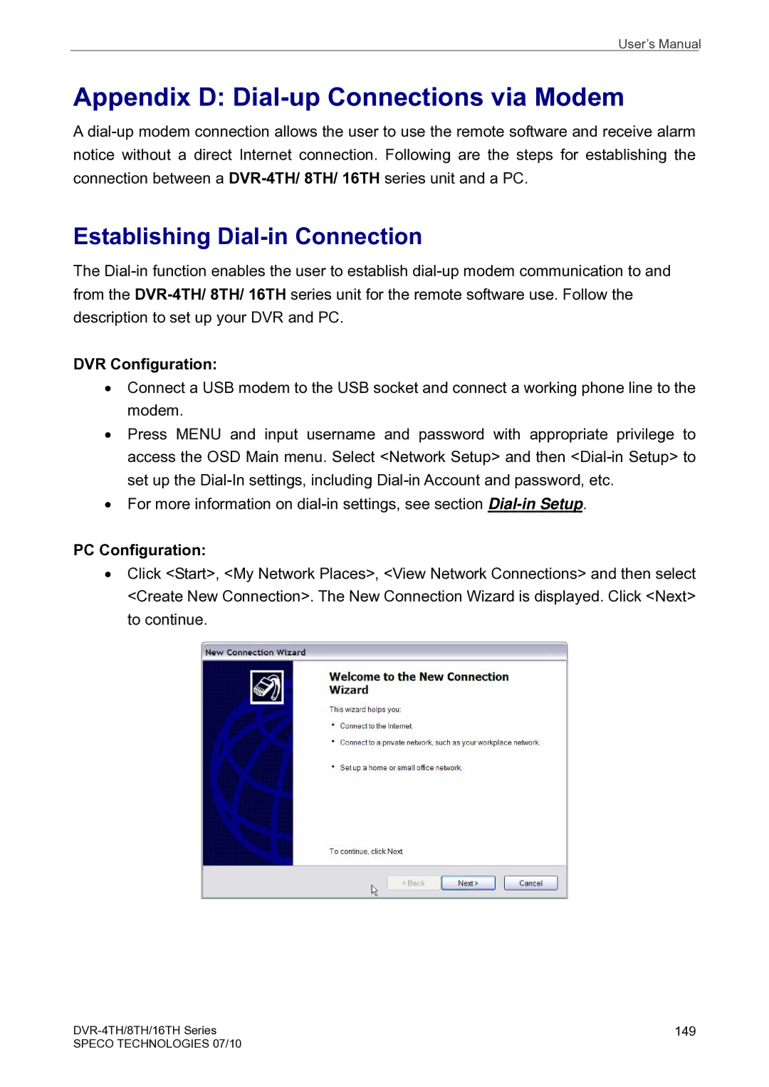 Speco Technologies 8TH, 4TH Appendix D Dial-up Connections via Modem, Establishing Dial-in Connection, DVR Configuration 