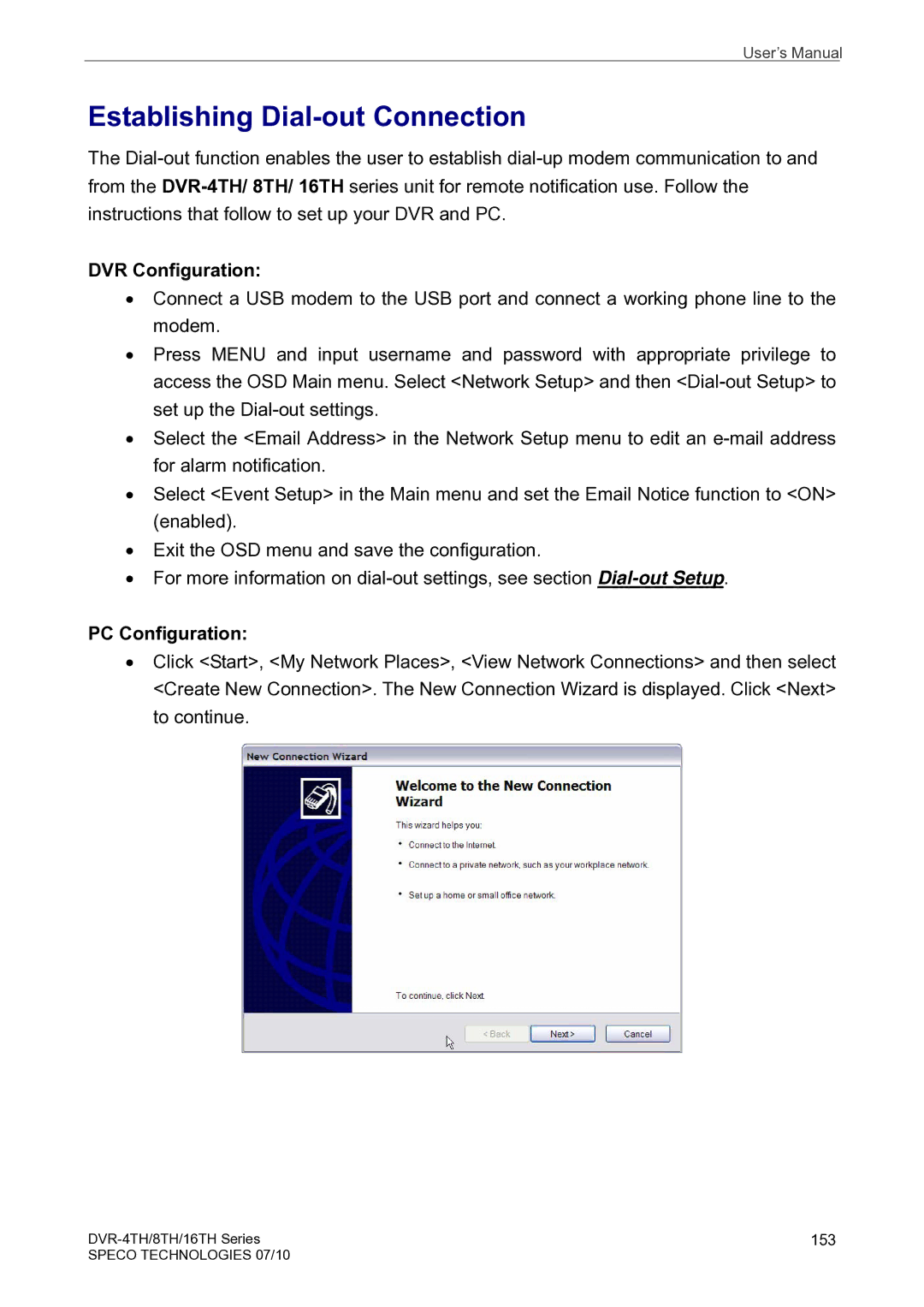 Speco Technologies 4TH, 8TH, 16TH user manual Establishing Dial-out Connection, DVR Configuration 