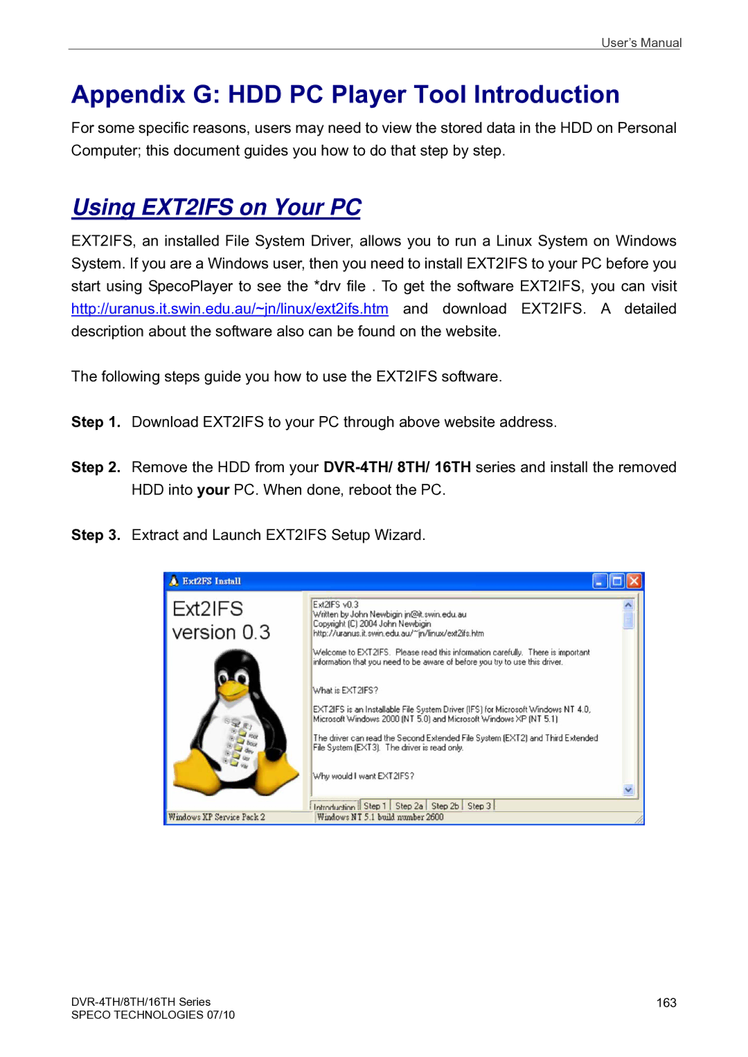 Speco Technologies 16TH, 8TH, 4TH user manual Appendix G HDD PC Player Tool Introduction, Using EXT2IFS on Your PC 