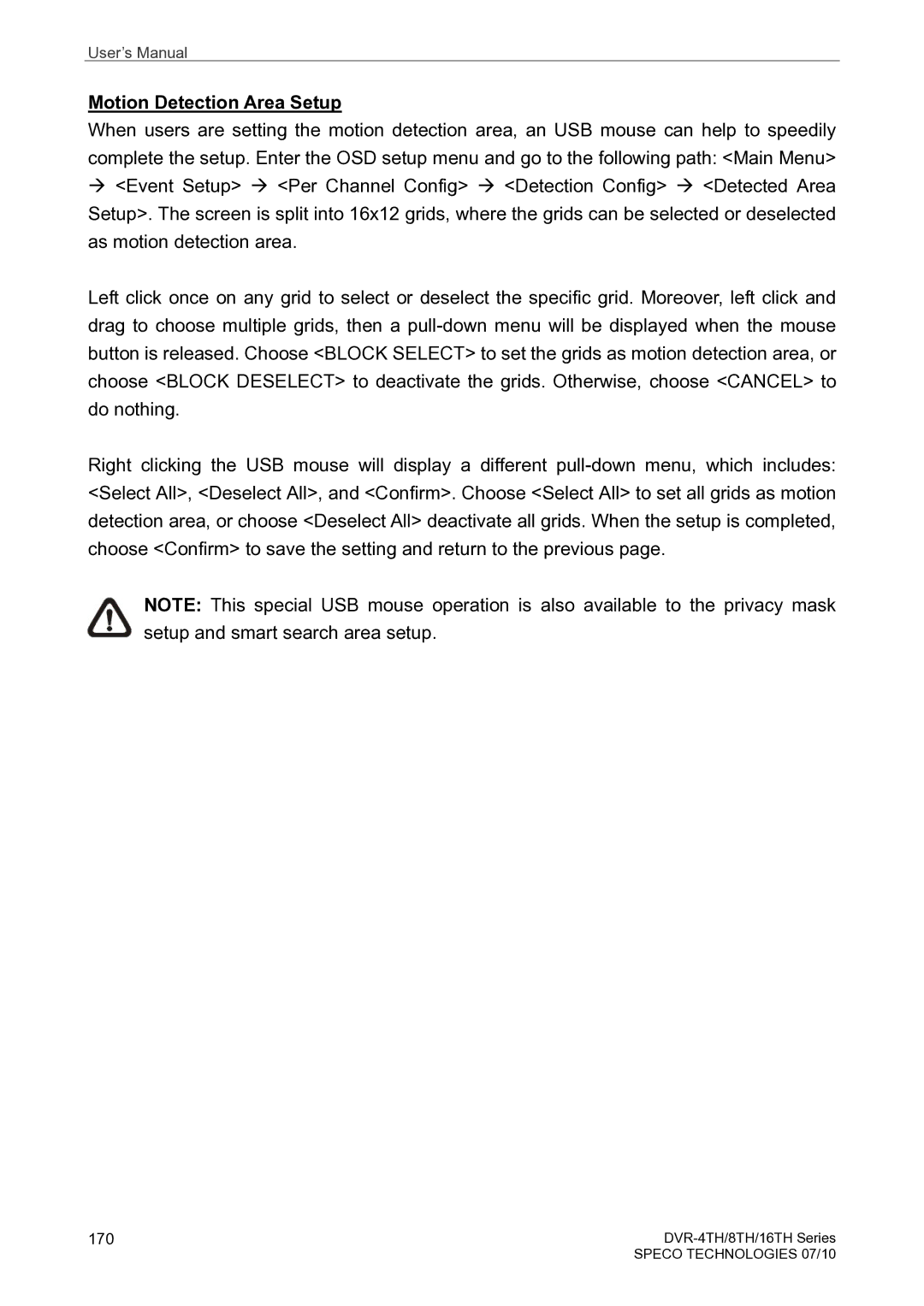 Speco Technologies 8TH, 4TH, 16TH user manual Motion Detection Area Setup 