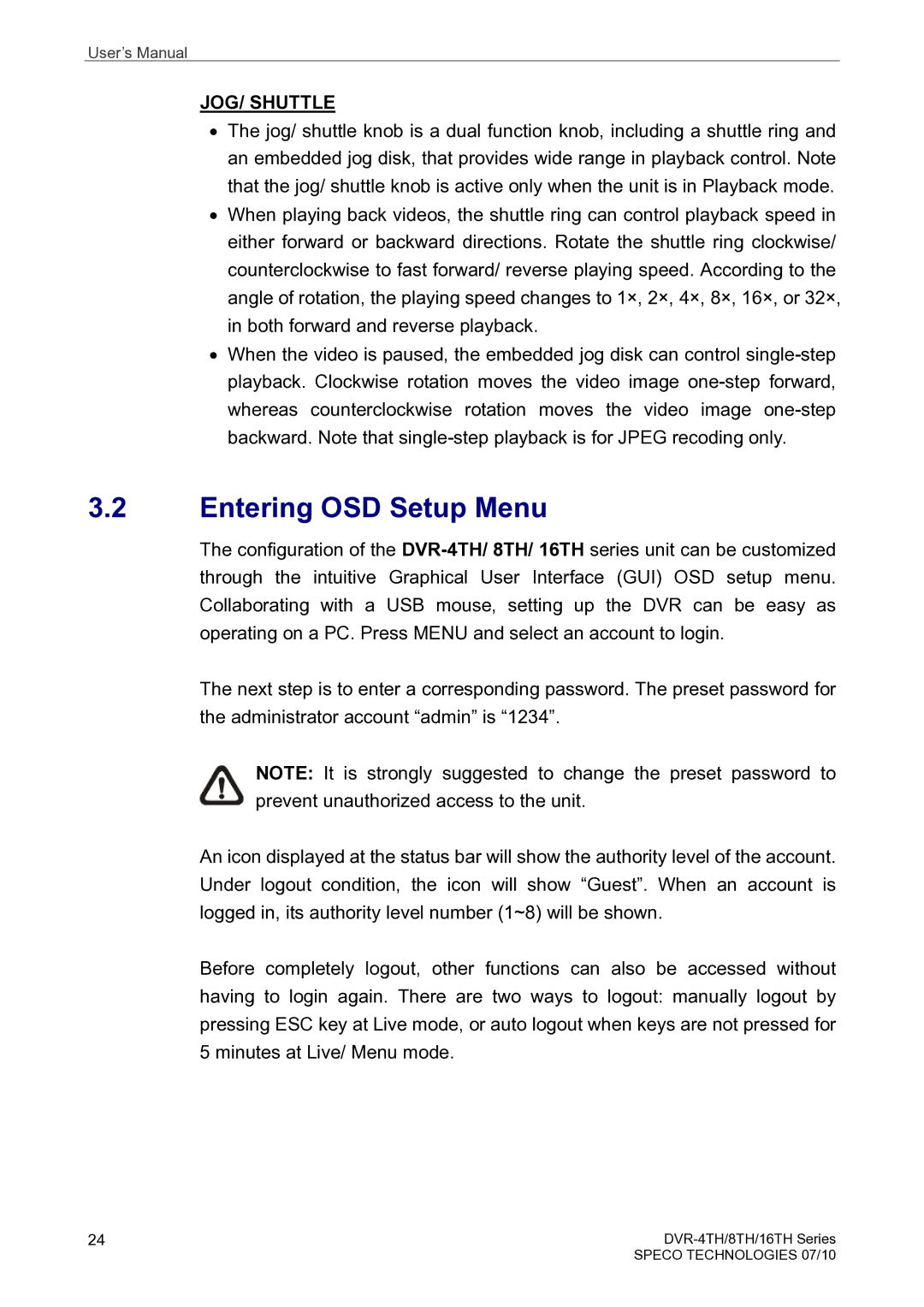 Speco Technologies 4TH, 8TH, 16TH user manual Entering OSD Setup Menu, JOG/ Shuttle 