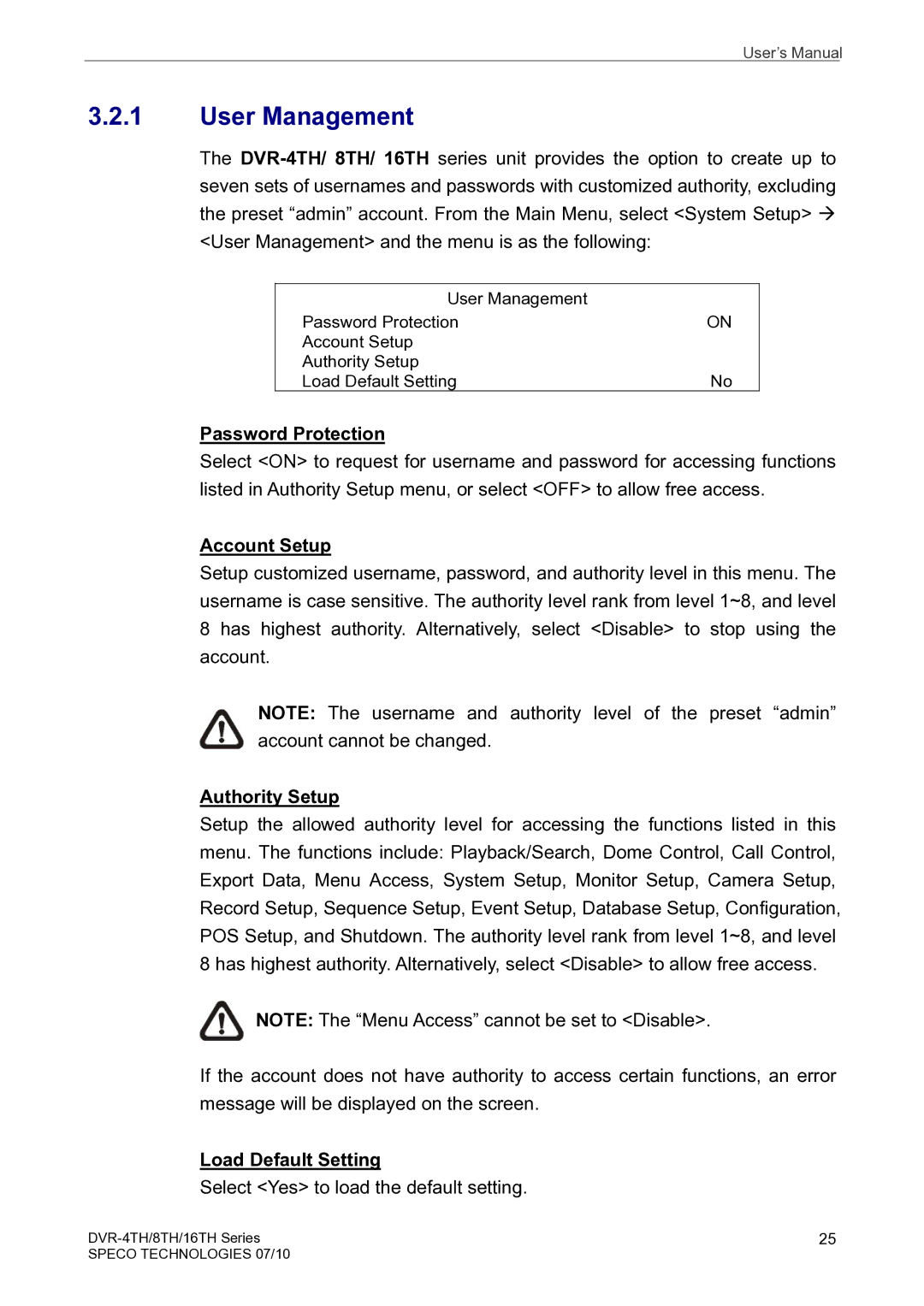 Speco Technologies 16TH, 8TH User Management, Password Protection, Account Setup, Authority Setup, Load Default Setting 