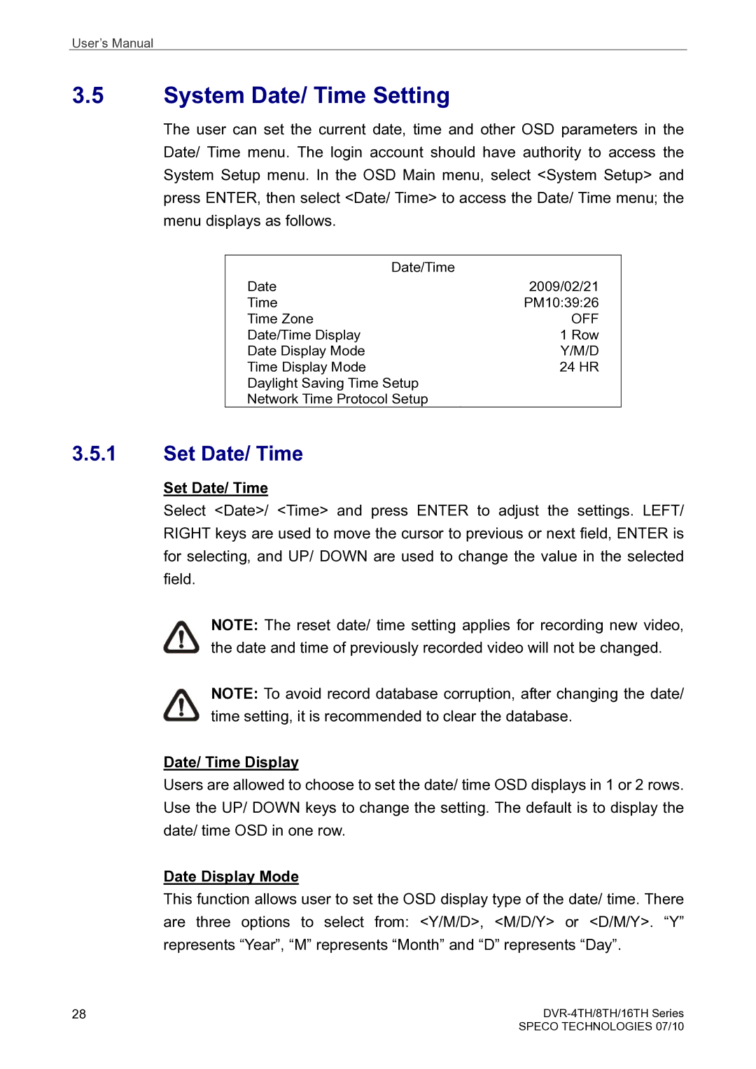 Speco Technologies 16TH, 8TH, 4TH System Date/ Time Setting, Set Date/ Time, Date/ Time Display, Date Display Mode 