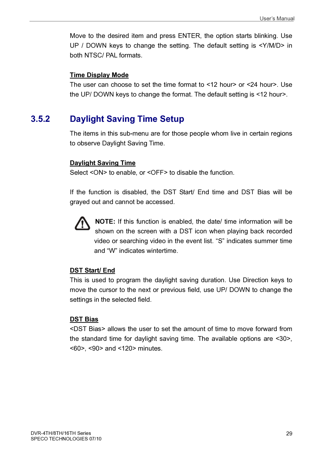 Speco Technologies 8TH, 4TH, 16TH user manual Daylight Saving Time Setup, Time Display Mode, DST Start/ End, DST Bias 