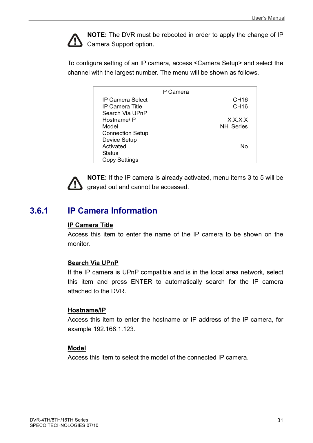 Speco Technologies 16TH, 8TH, 4TH user manual IP Camera Information, IP Camera Title, Search Via UPnP, Hostname/IP, Model 