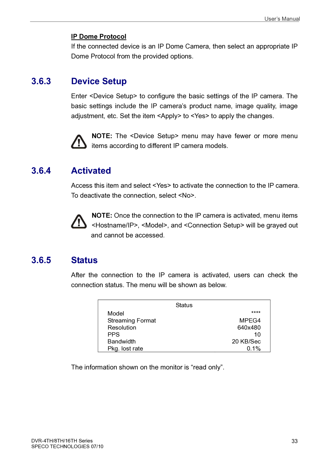 Speco Technologies 4TH, 8TH, 16TH user manual Device Setup, Activated, Status, IP Dome Protocol 