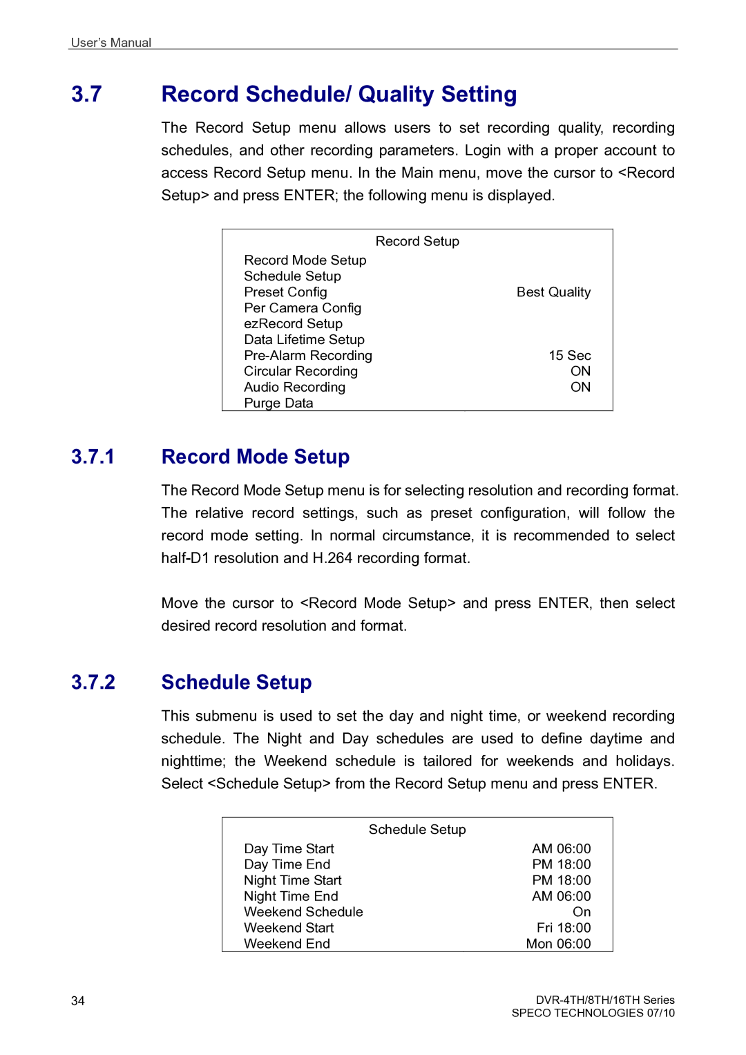 Speco Technologies 16TH, 8TH, 4TH user manual Record Schedule/ Quality Setting, Record Mode Setup, Schedule Setup 