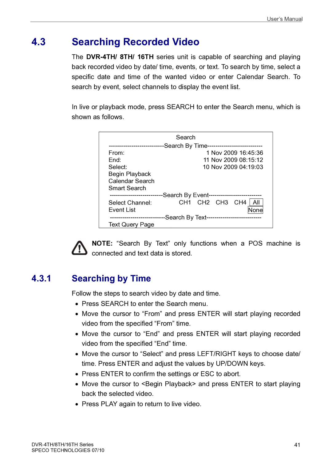 Speco Technologies 8TH, 4TH, 16TH user manual Searching Recorded Video, Searching by Time 