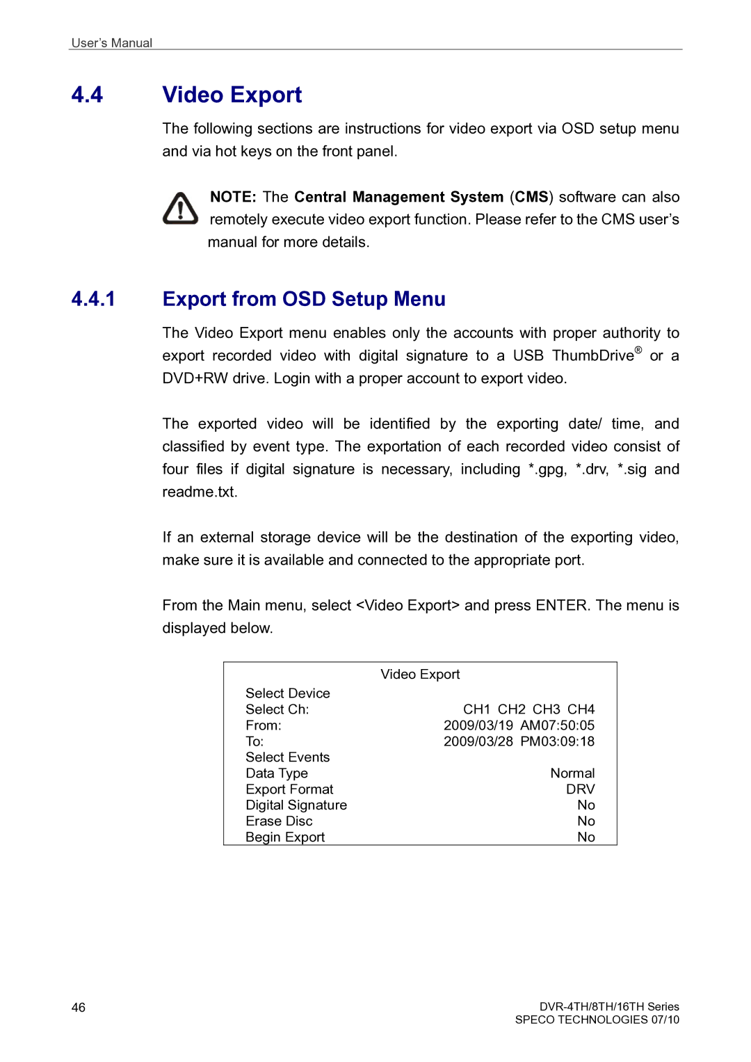 Speco Technologies 16TH, 8TH, 4TH user manual Video Export, Export from OSD Setup Menu 