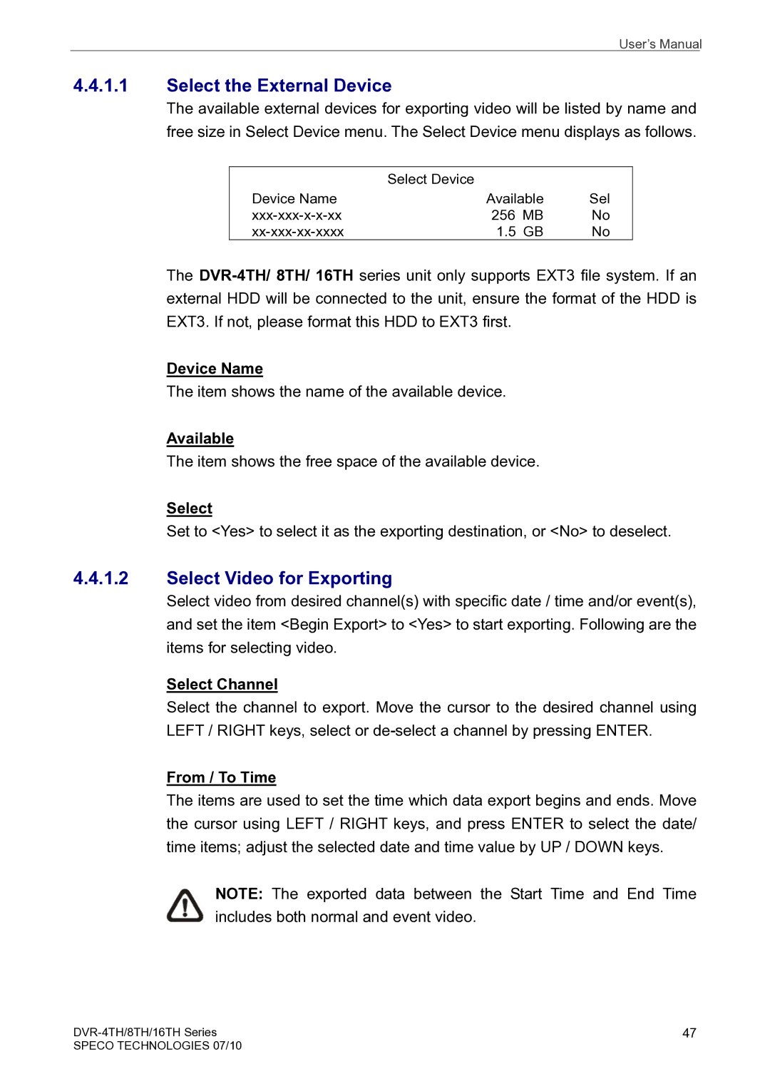 Speco Technologies 8TH, 4TH, 16TH user manual Select the External Device, Select Video for Exporting 