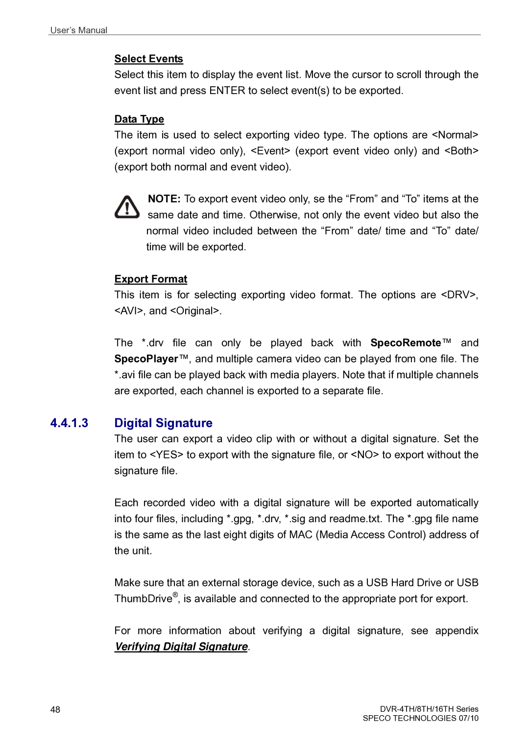 Speco Technologies 4TH, 8TH, 16TH user manual Digital Signature, Select Events, Data Type, Export Format 