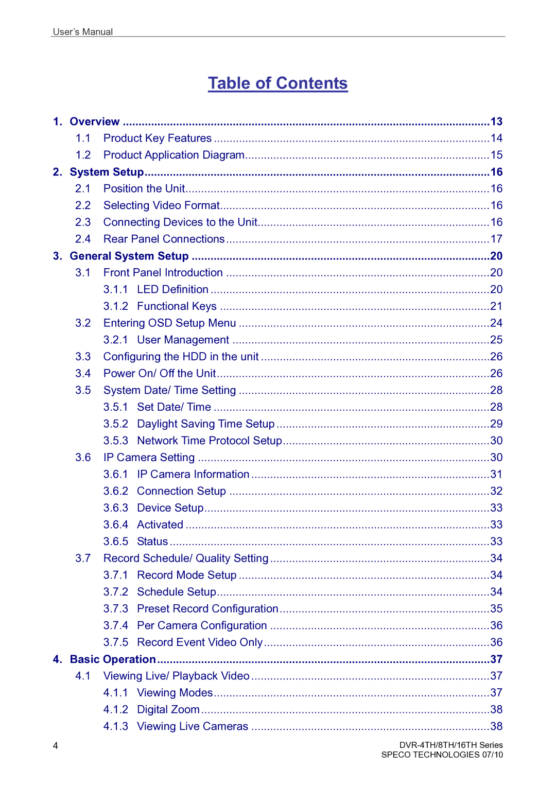 Speco Technologies 16TH, 8TH, 4TH user manual Table of Contents 