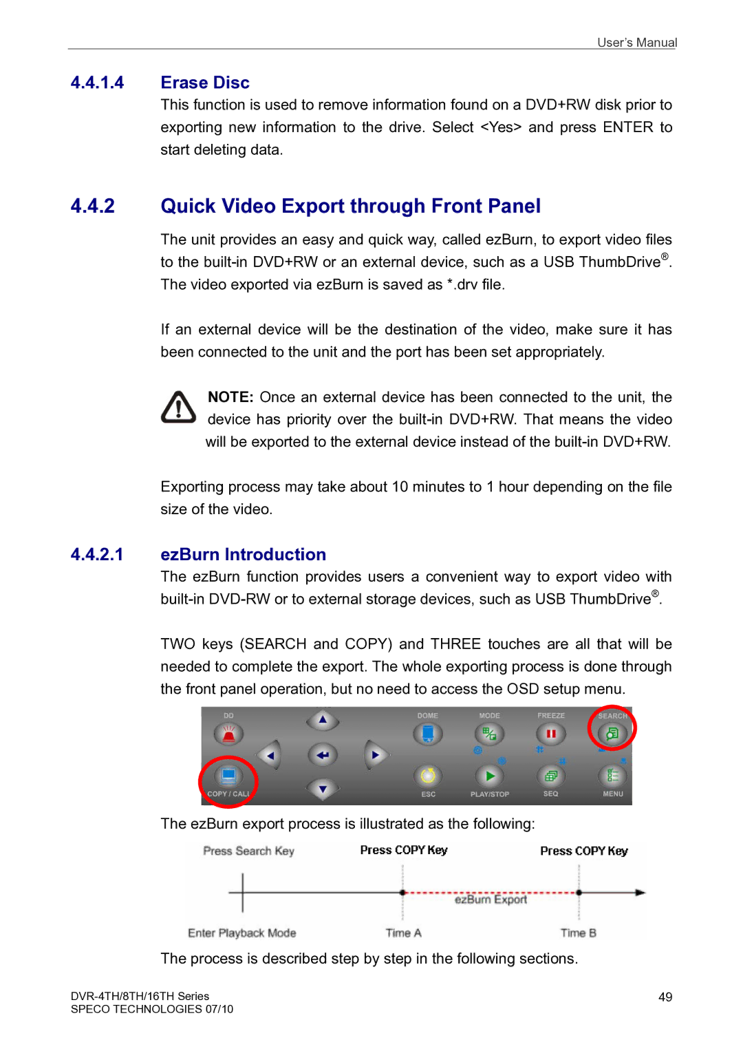 Speco Technologies 16TH, 8TH, 4TH user manual Quick Video Export through Front Panel, Erase Disc, EzBurn Introduction 