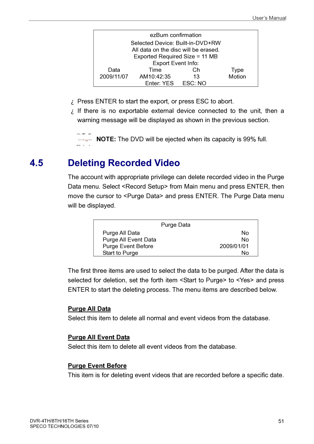 Speco Technologies 4TH, 8TH, 16TH Deleting Recorded Video, Purge All Data, Purge All Event Data, Purge Event Before 