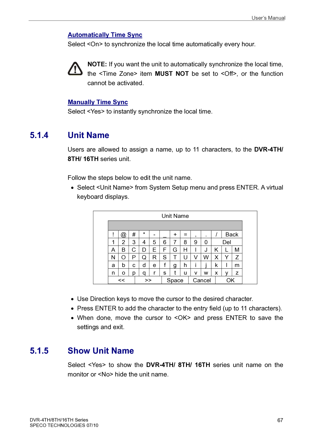 Speco Technologies 16TH, 8TH, 4TH user manual Show Unit Name, Automatically Time Sync, Manually Time Sync 