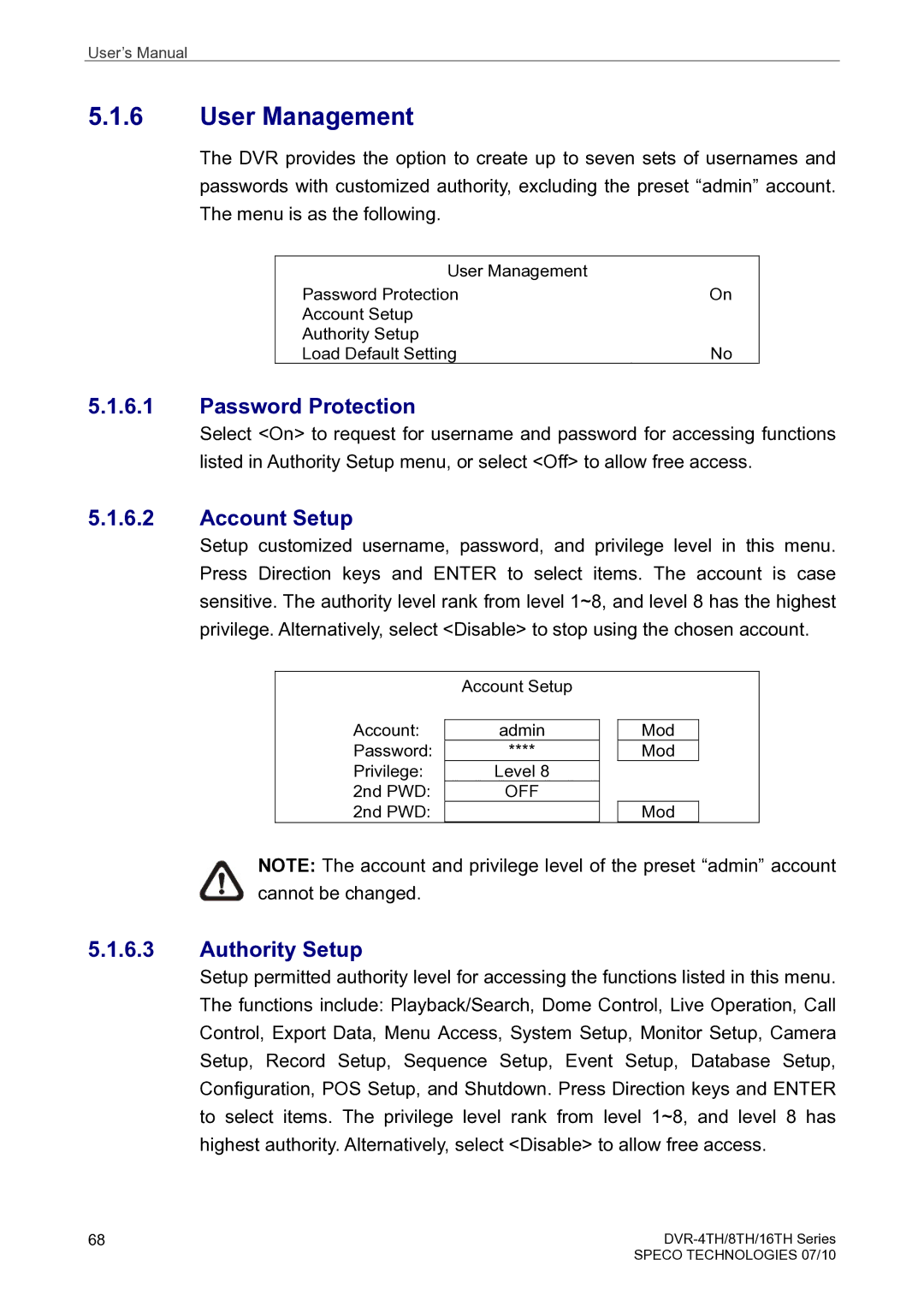 Speco Technologies 8TH, 4TH, 16TH user manual Password Protection, Account Setup, Authority Setup 