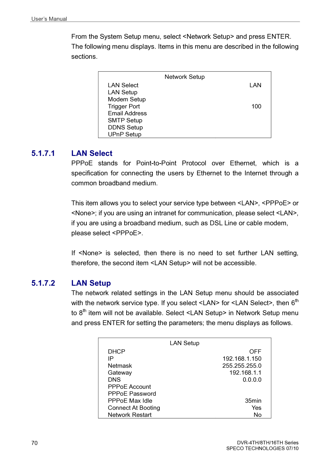 Speco Technologies 16TH, 8TH, 4TH user manual LAN Select, LAN Setup 