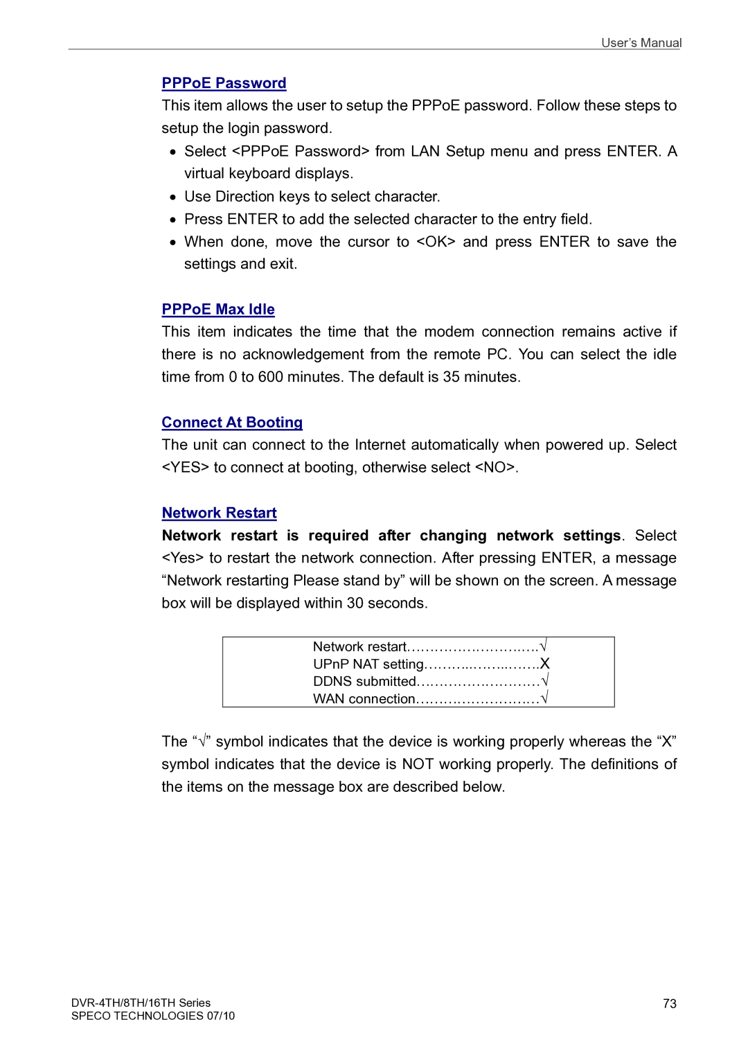 Speco Technologies 16TH, 8TH, 4TH user manual PPPoE Password, PPPoE Max Idle, Connect At Booting, Network Restart 