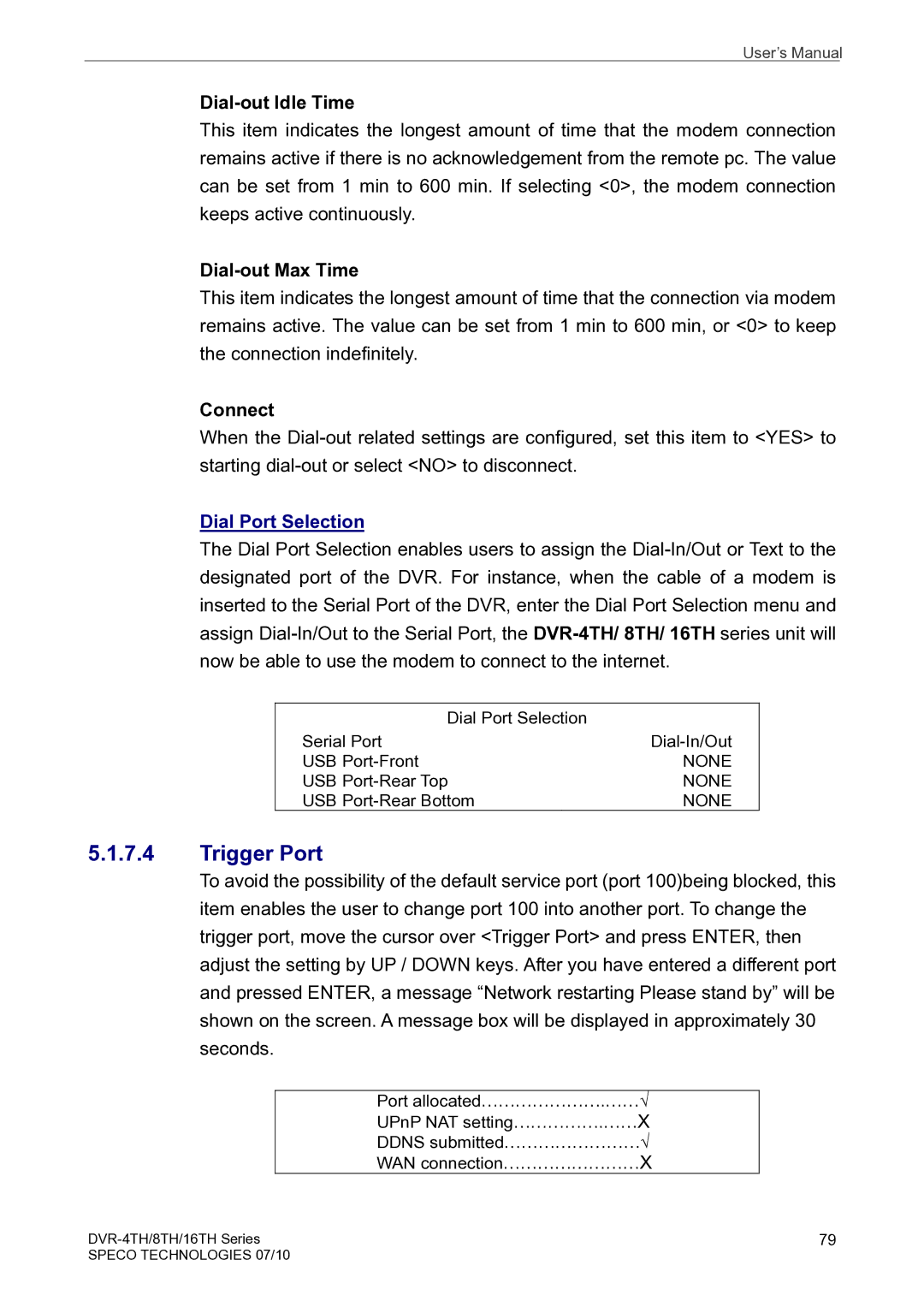 Speco Technologies 16TH, 8TH, 4TH Trigger Port, Dial-out Idle Time, Dial-out Max Time, Connect, Dial Port Selection 