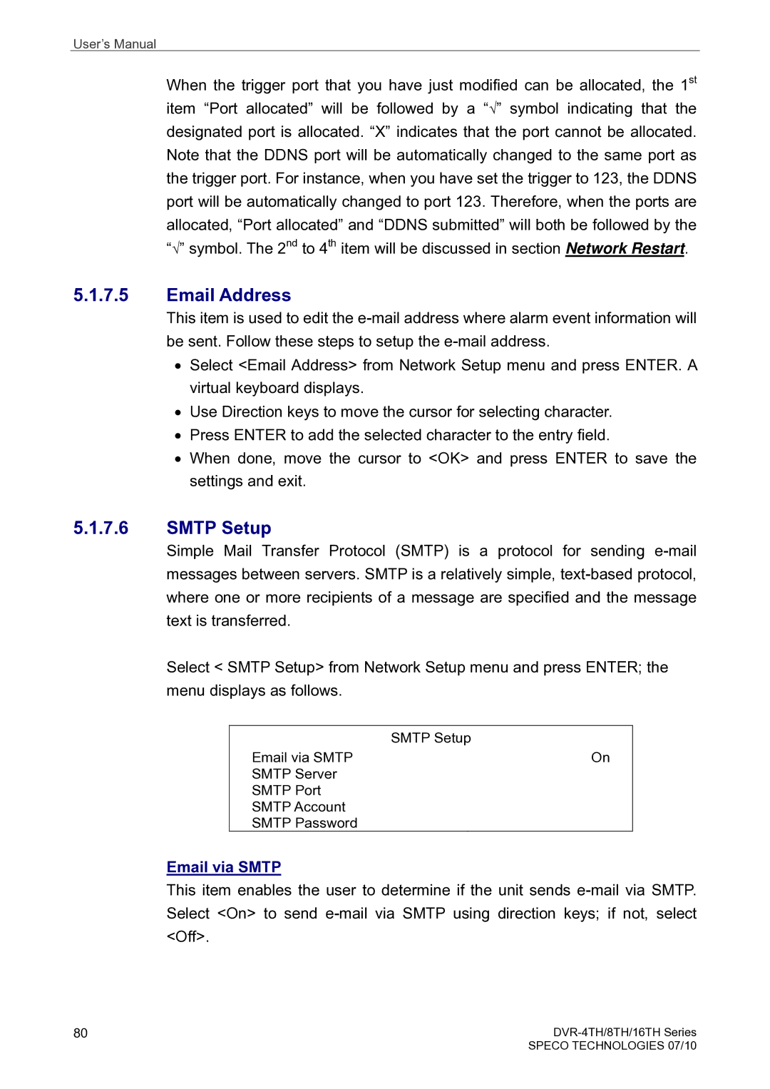 Speco Technologies 8TH, 4TH, 16TH user manual Email Address, Smtp Setup, Email via Smtp 