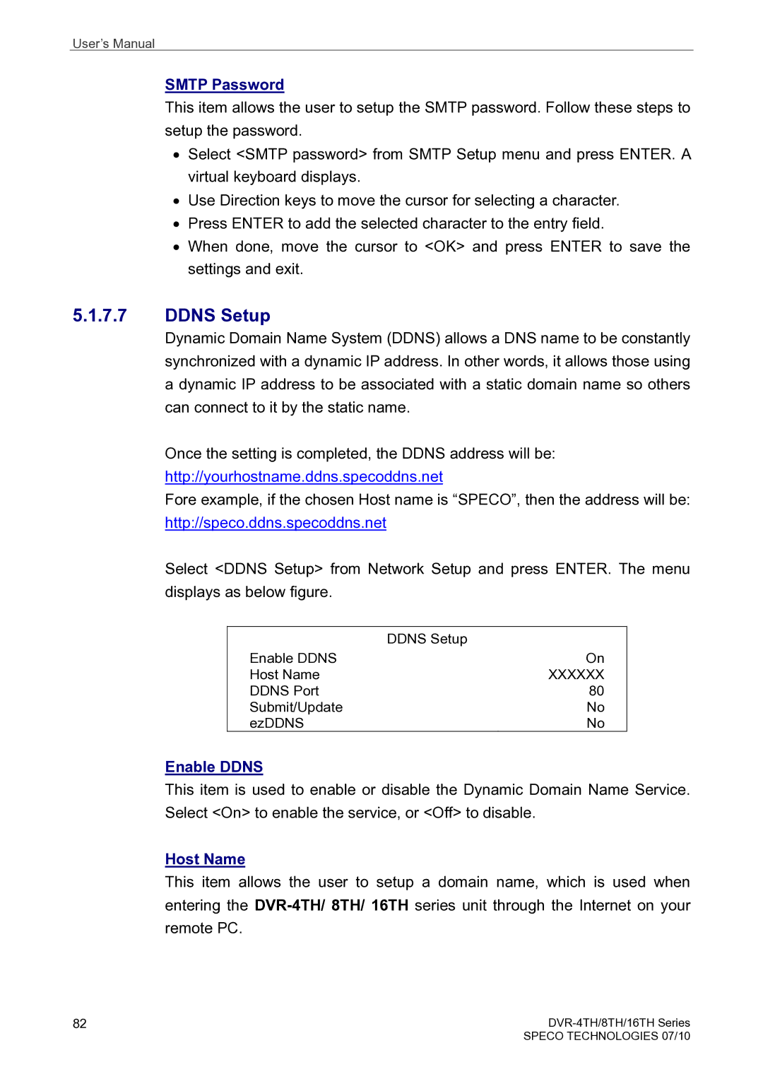 Speco Technologies 16TH, 8TH, 4TH user manual Ddns Setup, Smtp Password, Enable Ddns, Host Name 