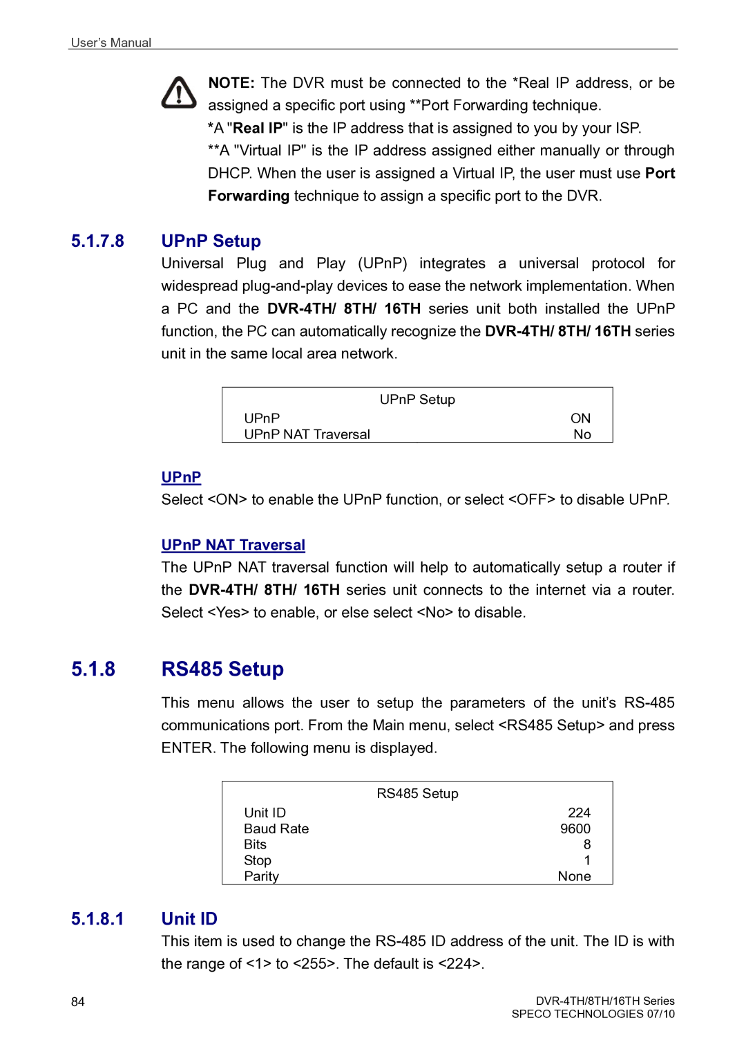 Speco Technologies 4TH, 8TH, 16TH user manual 8 RS485 Setup, UPnP Setup, Unit ID, UPnP NAT Traversal 