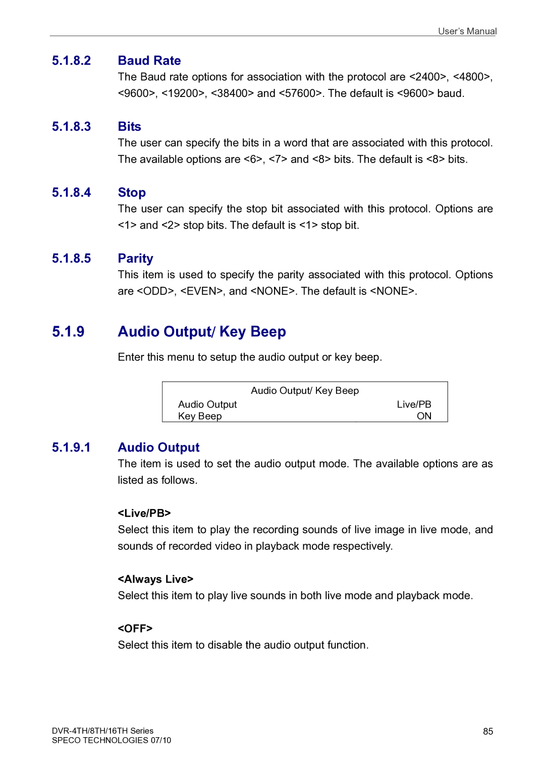 Speco Technologies 16TH, 8TH, 4TH user manual Audio Output/ Key Beep 