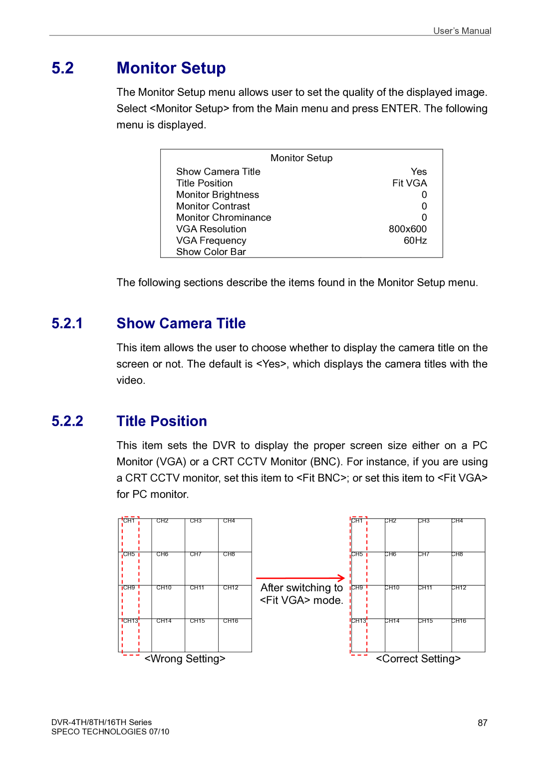 Speco Technologies 4TH, 8TH, 16TH user manual Monitor Setup, Show Camera Title, Title Position 