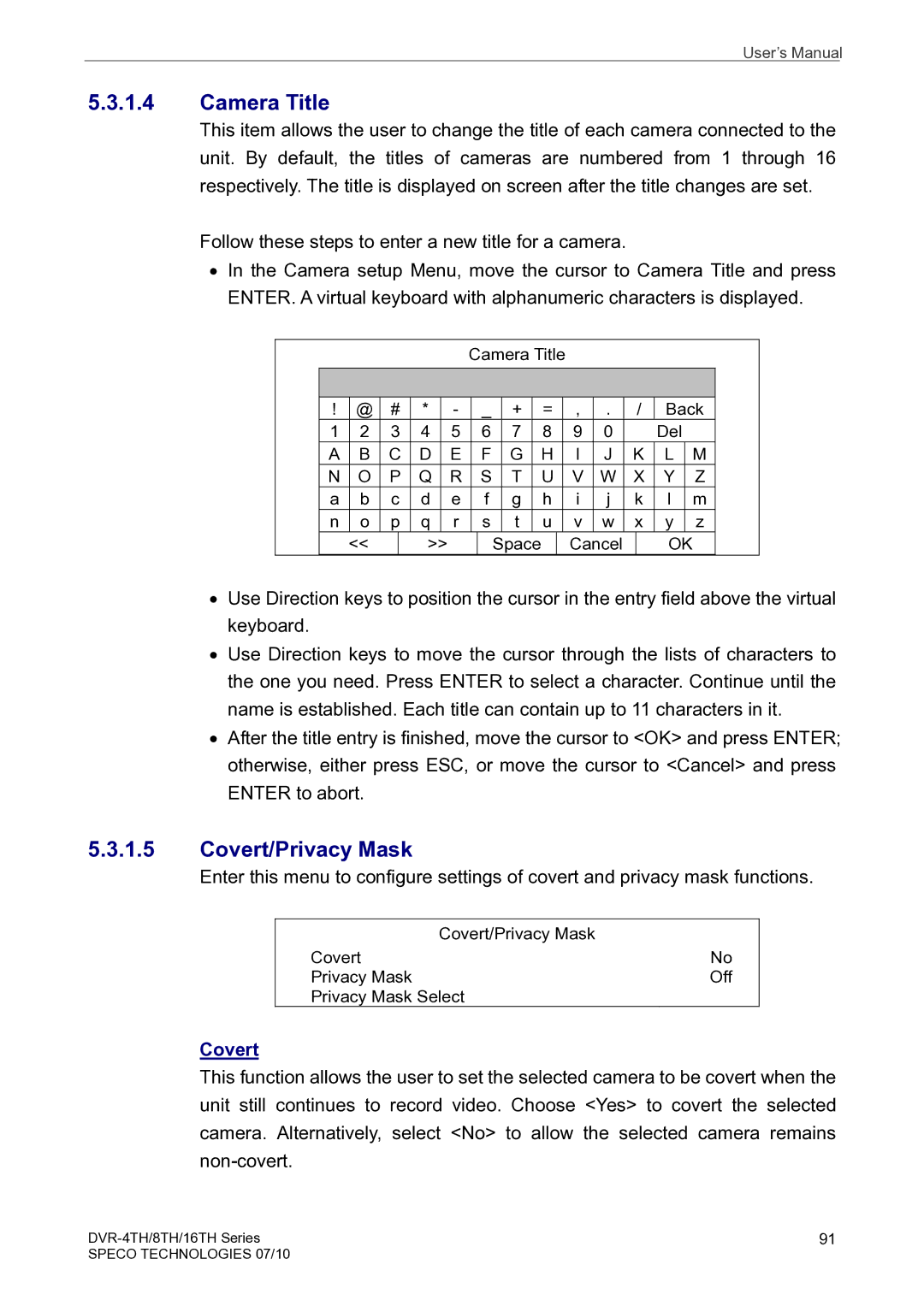 Speco Technologies 16TH, 8TH, 4TH user manual Camera Title, Covert/Privacy Mask 