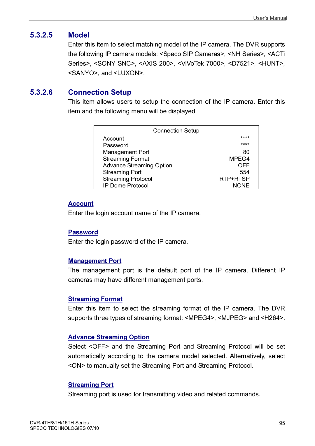 Speco Technologies 8TH, 4TH, 16TH user manual Model, Connection Setup 